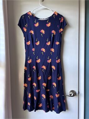 Boden Navy Midi Dress with Pink and Yellow Floral Pattern